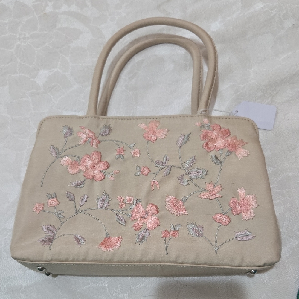Vintage Embroidered Floral Satin Tote Bag in Beige, Gray and Pink